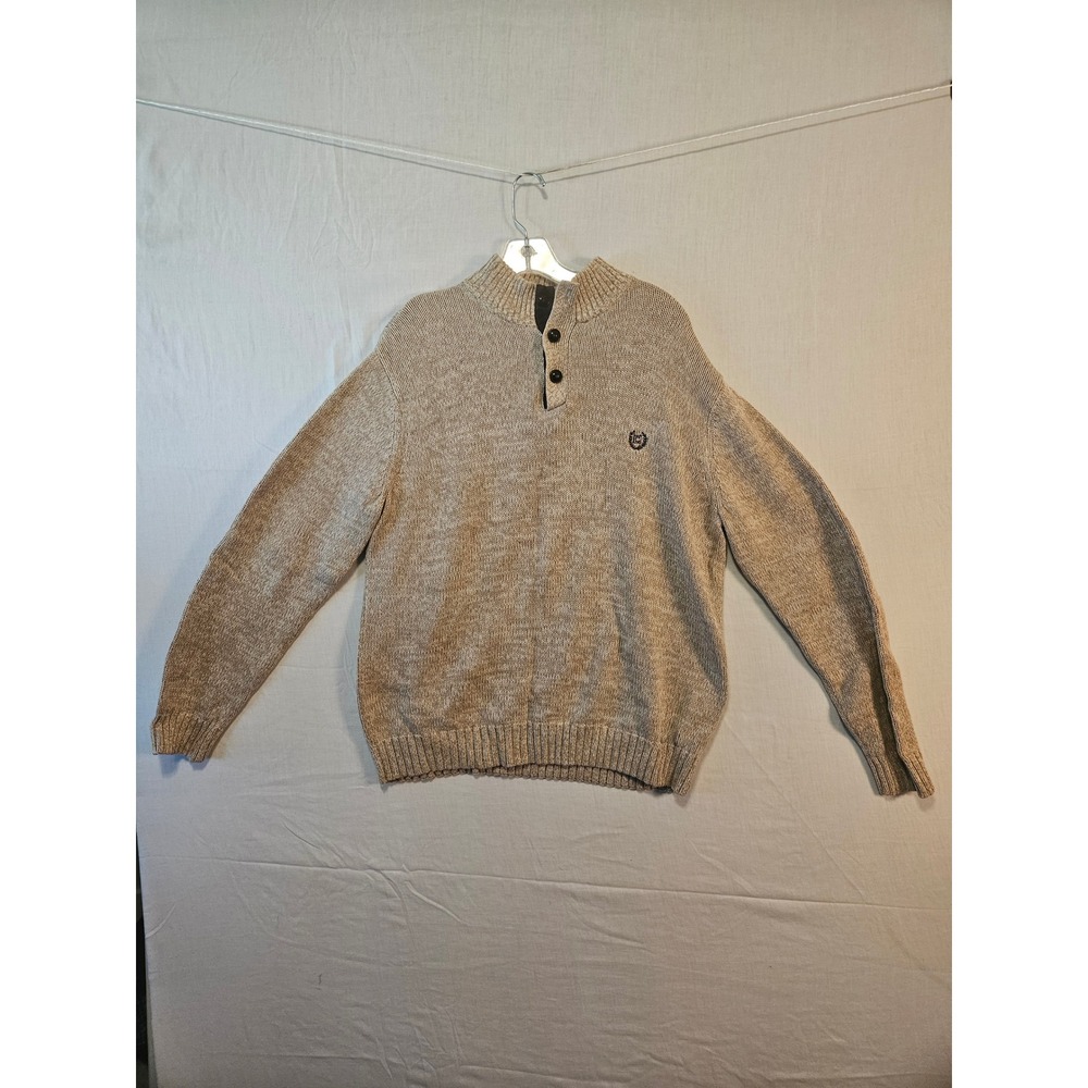 Chaps Mens Tan‎ Cotton Mock Neck Sweater Elbow Patches Large L Quarter Button